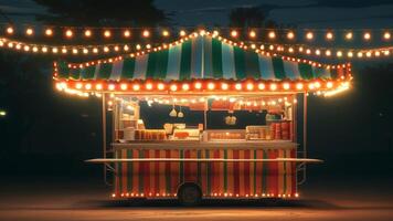 Night food stall with colorful striped awning and lights photo
