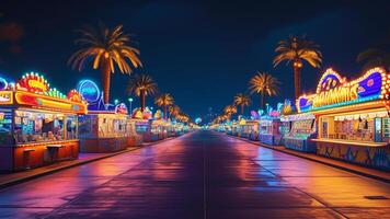 Night illumination of amusement park stalls photo