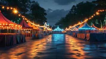 Night market with colorful tents and lights photo