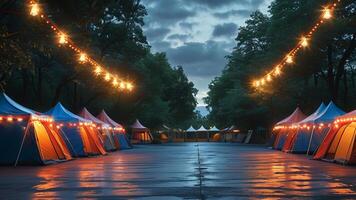 Night market with colorful tents and string lights photo