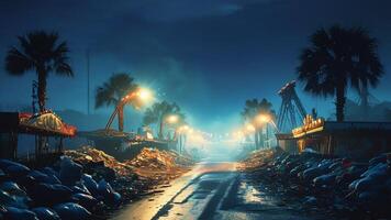 Night scene of abandoned amusement park photo