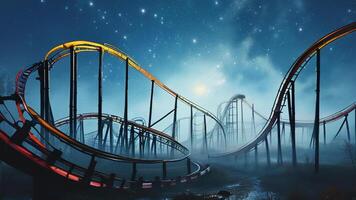 Night roller coaster in fog, starry sky photo