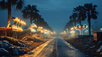 Night scene of amusement park rides near trash and palm trees. photo