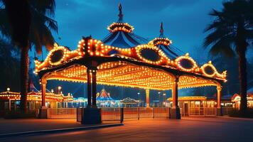 Night view of a beautifully lit carousel entrance. photo