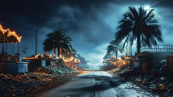 Night street scene with palm trees and trash photo