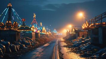 Night view of a deserted funfair with lights photo