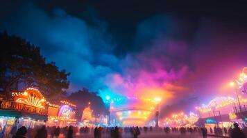Night view of a vibrant funfair with colorful lights and fog. photo
