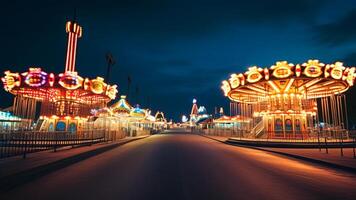 Night view of amusement park with carousels photo