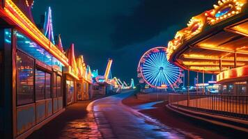 Night view of amusement park with Ferris wheel and carousel photo