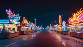 Night view of colorful funfair stalls photo