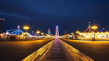 Night view of illuminated amusement park boardwalk photo