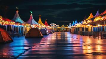 Night view of colorful tents and carnival lights photo