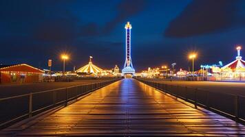 Night view of illuminated amusement park pier photo