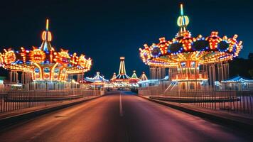 Night view of illuminated carousels at an amusement park. photo
