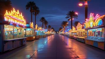 Night view of illuminated amusement park stalls photo