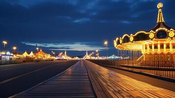 Night view of illuminated boardwalk and carousel photo