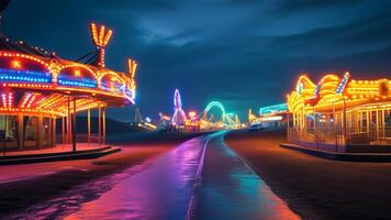 Night view of illuminated amusement park rides photo