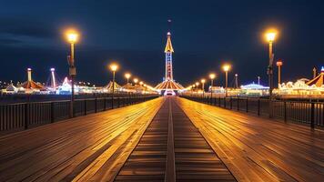 Night view of illuminated pier with amusement park photo