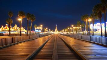 Night view of illuminated pier with palm trees photo