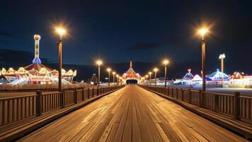 Night view of illuminated pier with amusement park rides photo