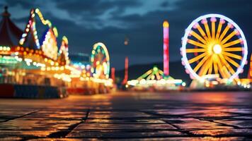Nighttime funfair with Ferris wheel and colorful lights photo