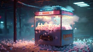Overfilled popcorn machine in a dark, atmospheric setting. photo