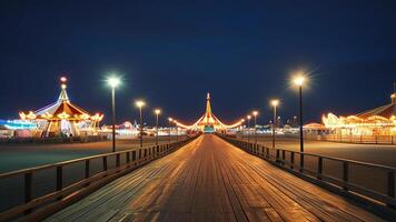 Night view of illuminated pier with carousels photo