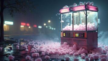 Pink cotton candy overflowing from a claw machine on a rainy night. photo