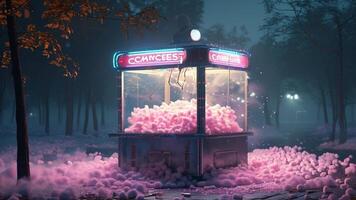 Pink cotton candy claw machine in a misty forest at night. photo