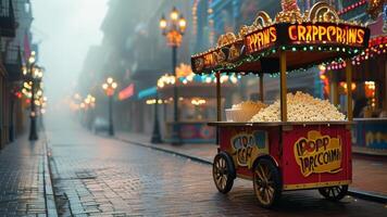 Popcorn cart on a foggy street photo