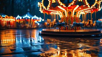 Rainy night at the amusement park carousel. photo