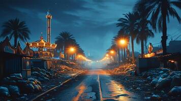 Rainy night street scene with amusement park photo