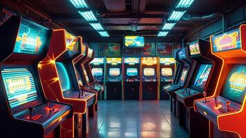 Retro arcade game room with glowing machines photo