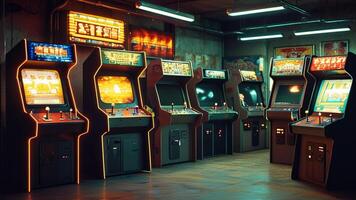 Retro arcade game machines in a dimly lit room. photo