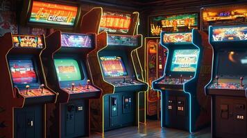 Retro arcade game machines in a dark room. photo