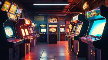 Retro arcade game room with neon lights photo