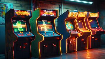 Retro arcade games in a dimly lit room. photo
