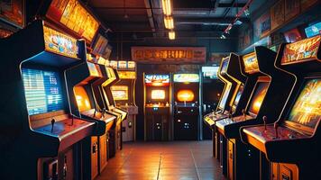 Retro arcade games in a dimly lit room. photo