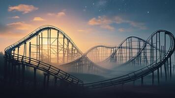 Rollercoaster at sunrise, foggy landscape photo