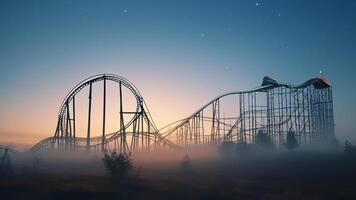 Rollercoaster in fog at sunset photo