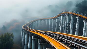 Rollercoaster in foggy mountains photo