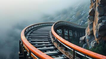 Scenic railway track winding through foggy mountains. photo