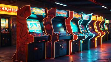 Row of vintage arcade games with neon lights photo