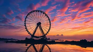Silhouette of a Ferris wheel at sunset reflecting in water. photo