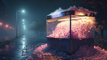 Snow covered cotton candy machine at night photo