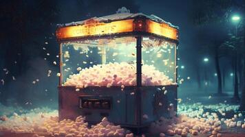 Snow covered popcorn machine at night photo