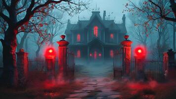 Spooky haunted house in fog, red lights photo