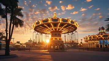 Sunset at amusement park with carousel photo