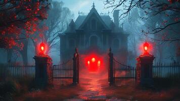 Spooky haunted house at night photo