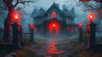 Spooky haunted house in fog at night photo